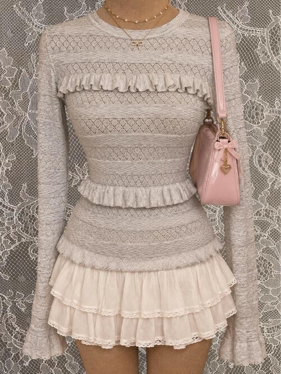 Ella Moss Tops - Ella Moss Grey Pointelle Knit Ruffle Trim Long Sleeve Sweater Top Sz S